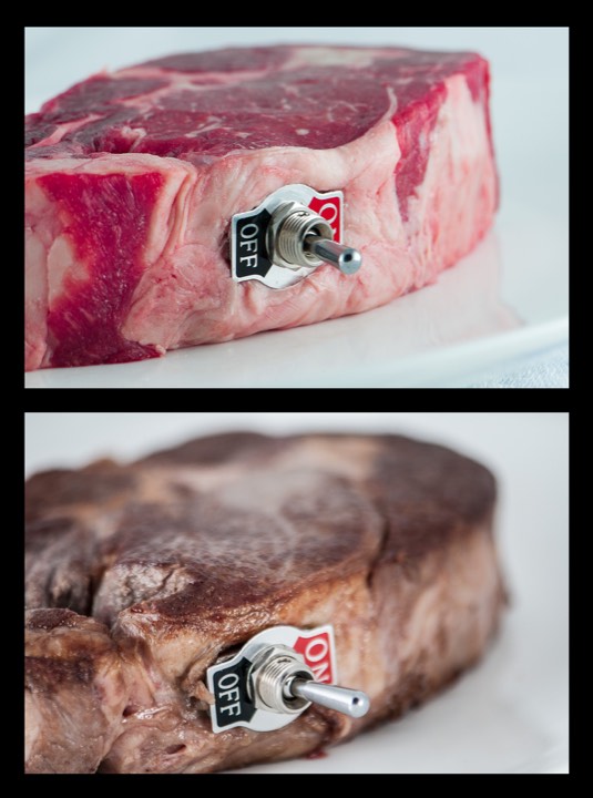 Deux pièces de viande avant et après cuisson pour Deviant Food à Shanghai, Chine.