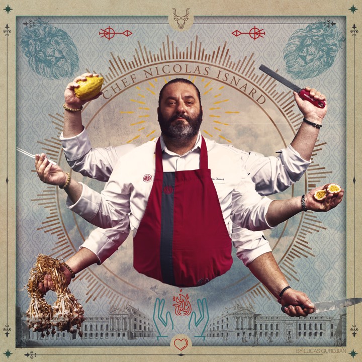 Portrait illustré du chef Nicolas Isnard pour Shiva Chef Project à Prenois, France.